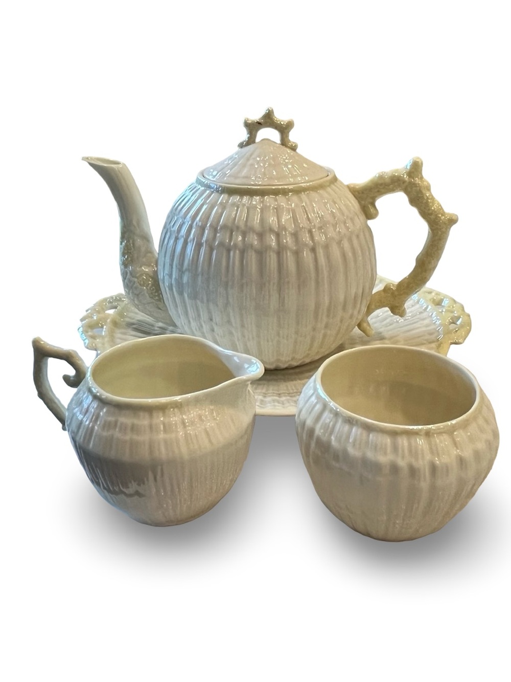 Vintage Belleek Pottery Limpet Yellow Tea Pot, Serving Dish, Creamer, Sugar Bowl